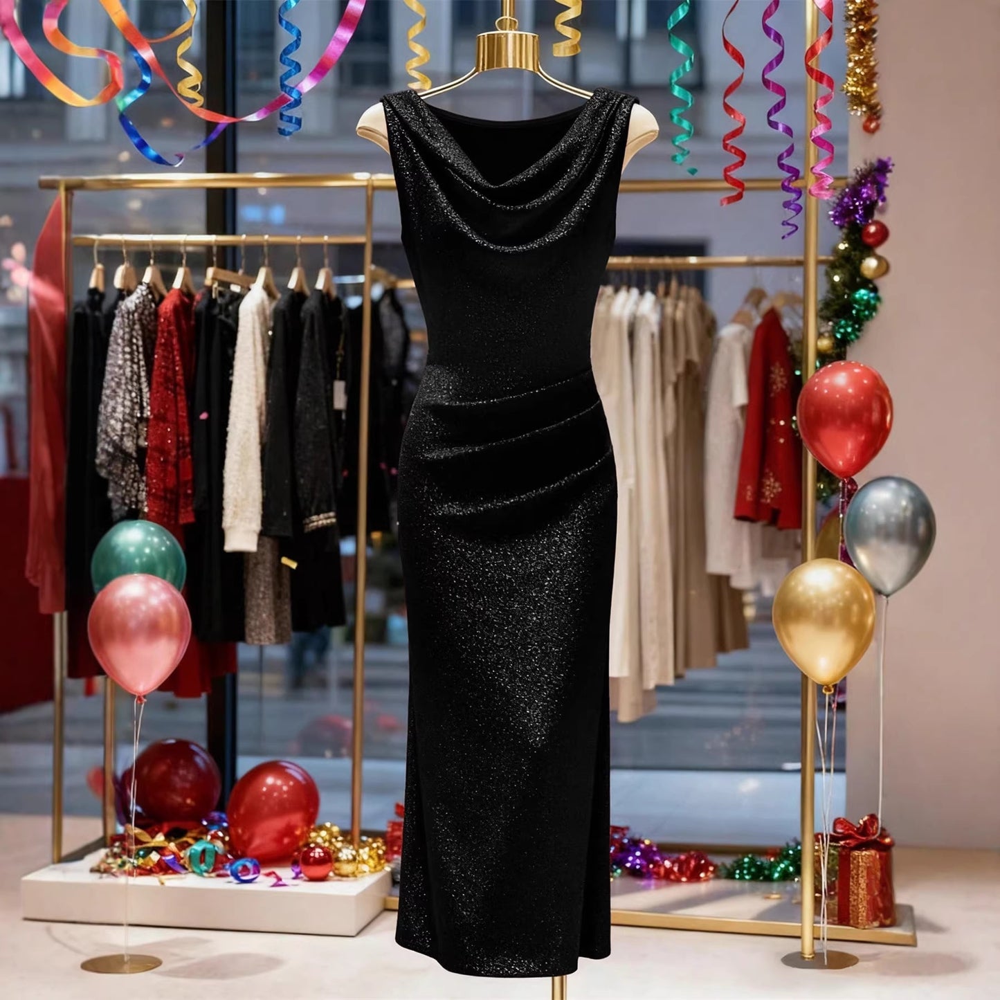Shiny Silk Ruffled-neck Dress Thats Form-fitting And Hugs The Hips